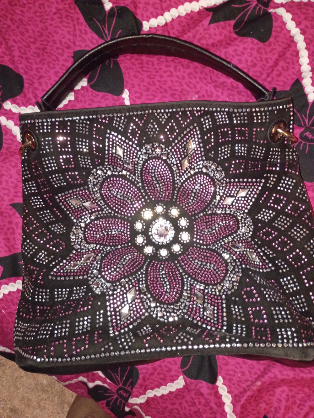 Source Unknown Black Shoulder Bag with Pink Crystal Floral Design